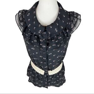 Line & Dot Ruffled Chiffon Peplum Top Size Small